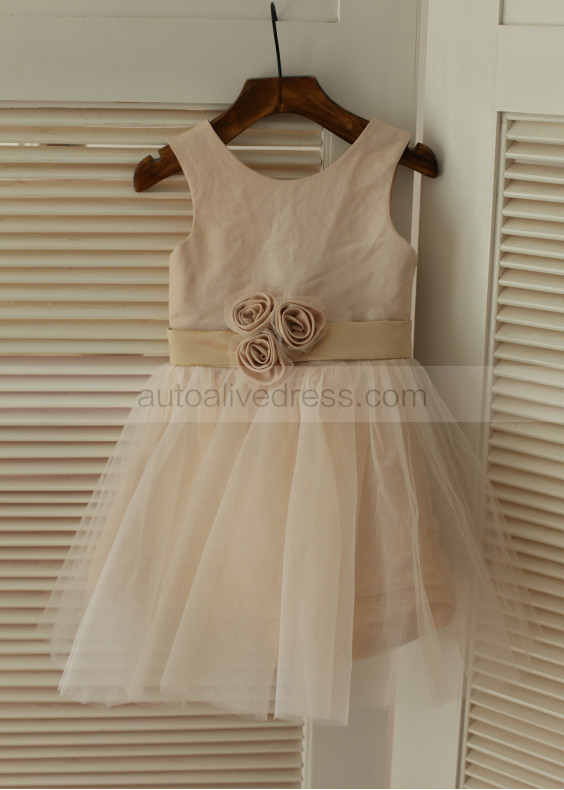 Tan Linen Tulle Flower Girl Dress With Flower Sash